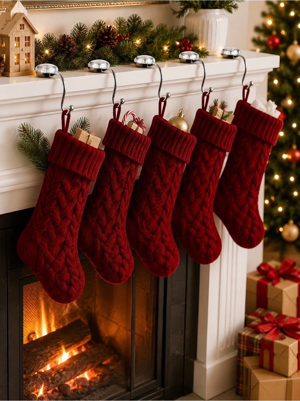 Cable Knit Christmas Stockings Holiday Mantel Decor Rustic Farmhouse Set 5